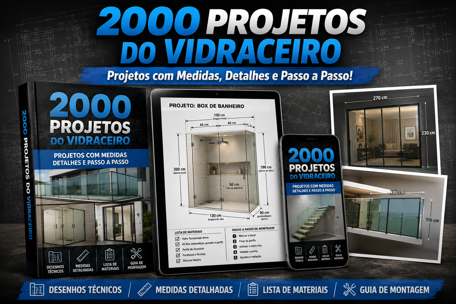 Projetos de vidraçaria — box, espelho, guarda-corpo e janelas